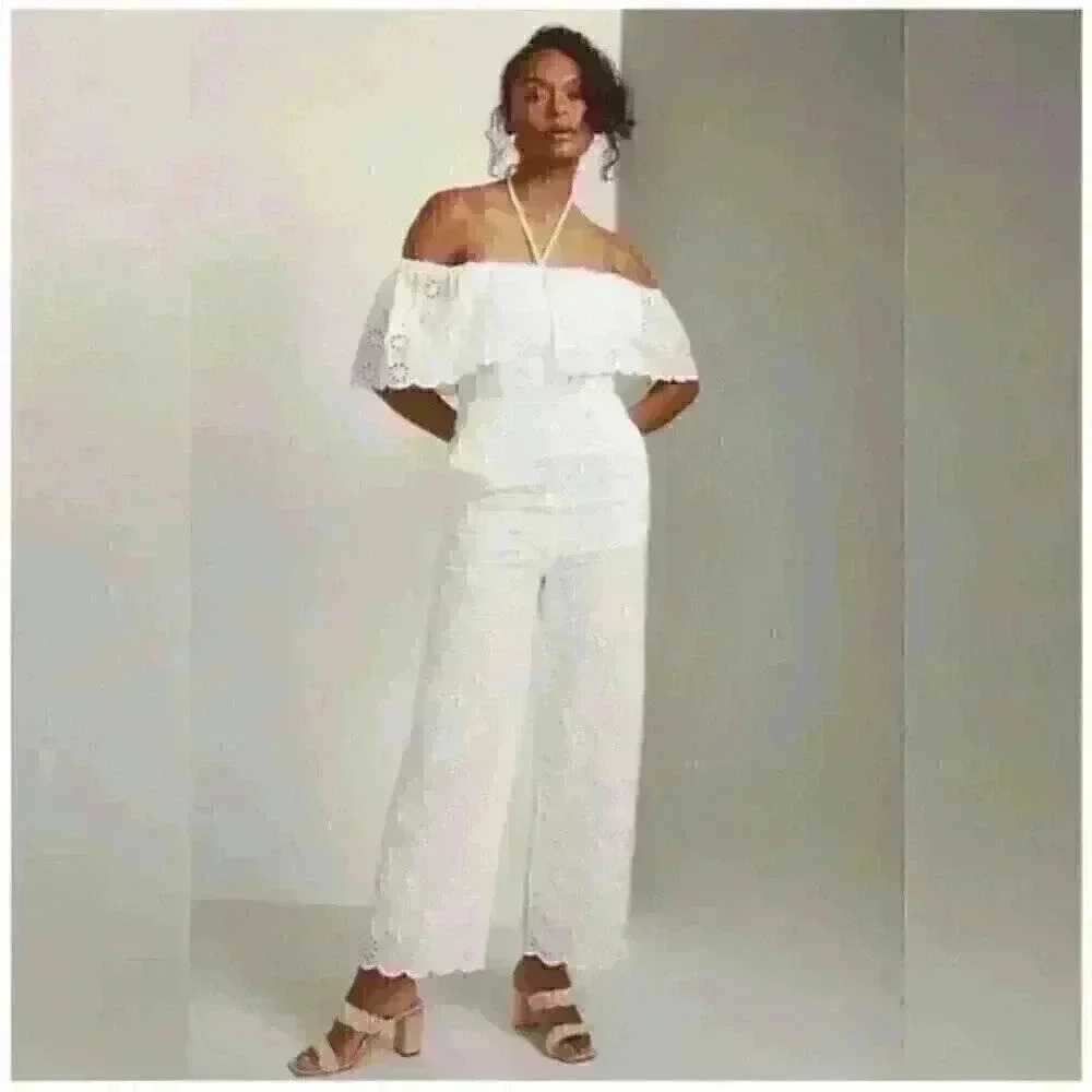 Anthropologie White Lace Off-Shoulder Jumpsuit